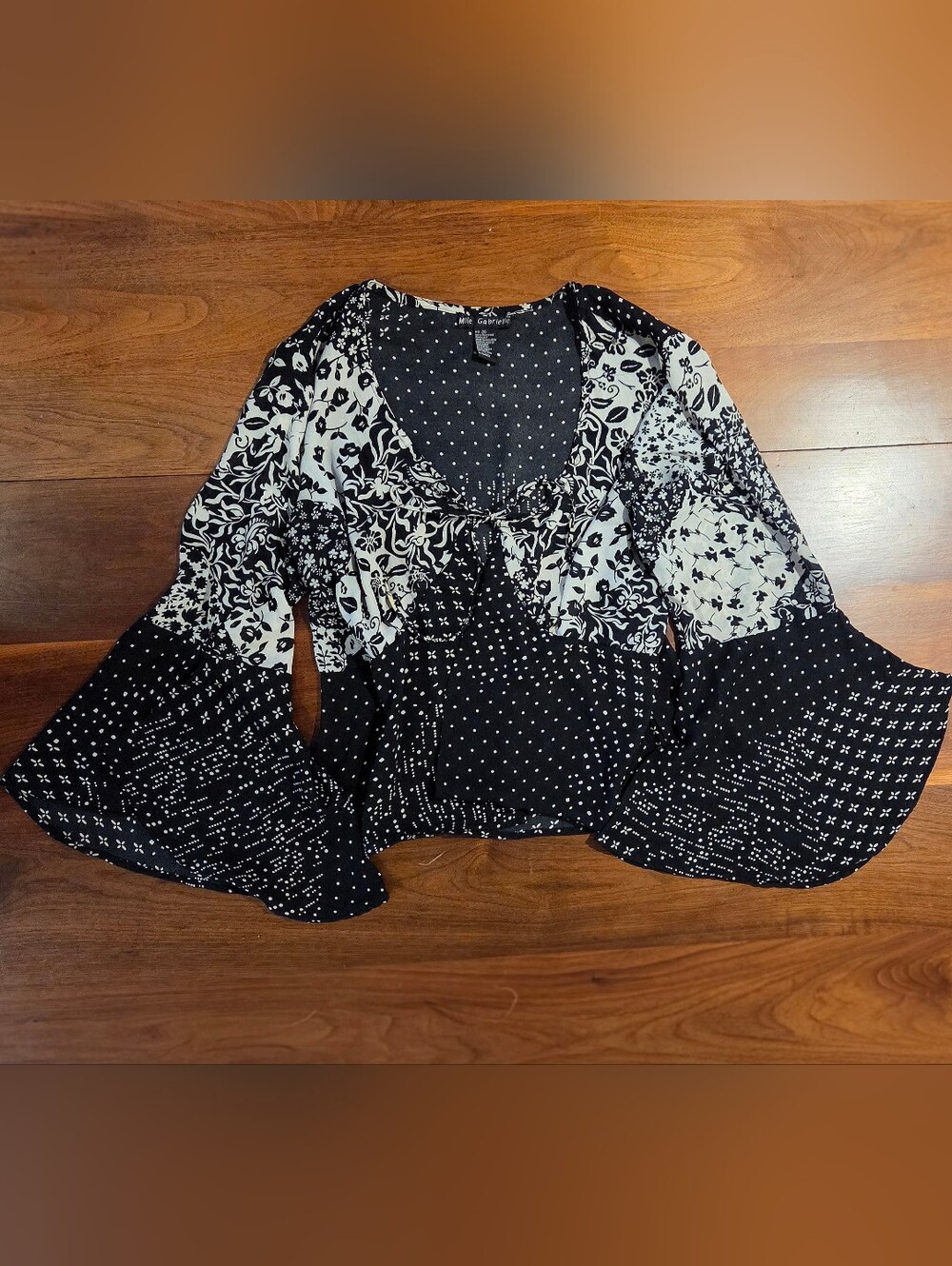 Vintage Y2K Black & White Mixed-Print Bell Sleeve Blouse